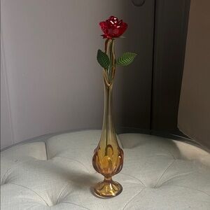 Vintage MCM Viking Amber Stretch Swung 6 Petal Base Art Glass Bud Vase 12.3/4”